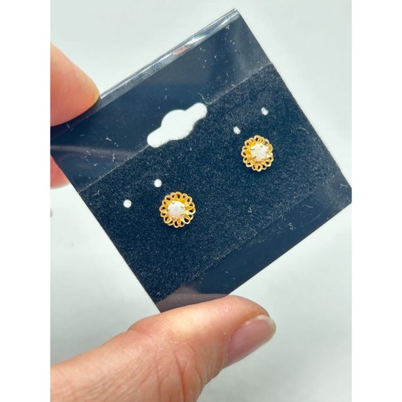 Petite Studs Earrings 14K Yellow Gold & Genuine Opals Pierced Child Girl Jewelry - Picture 6 of 9